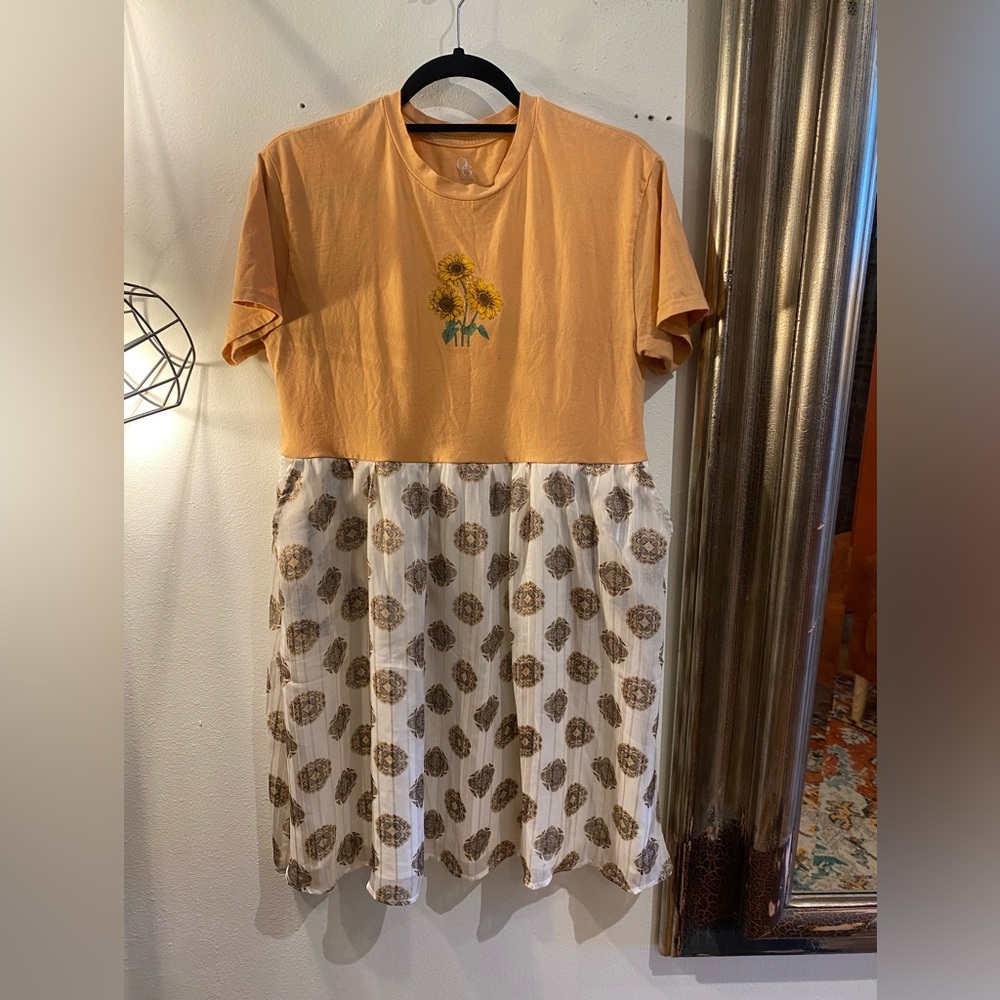 Sunflower Peach Tee Dress with Printed Skirt has Pockets!!
